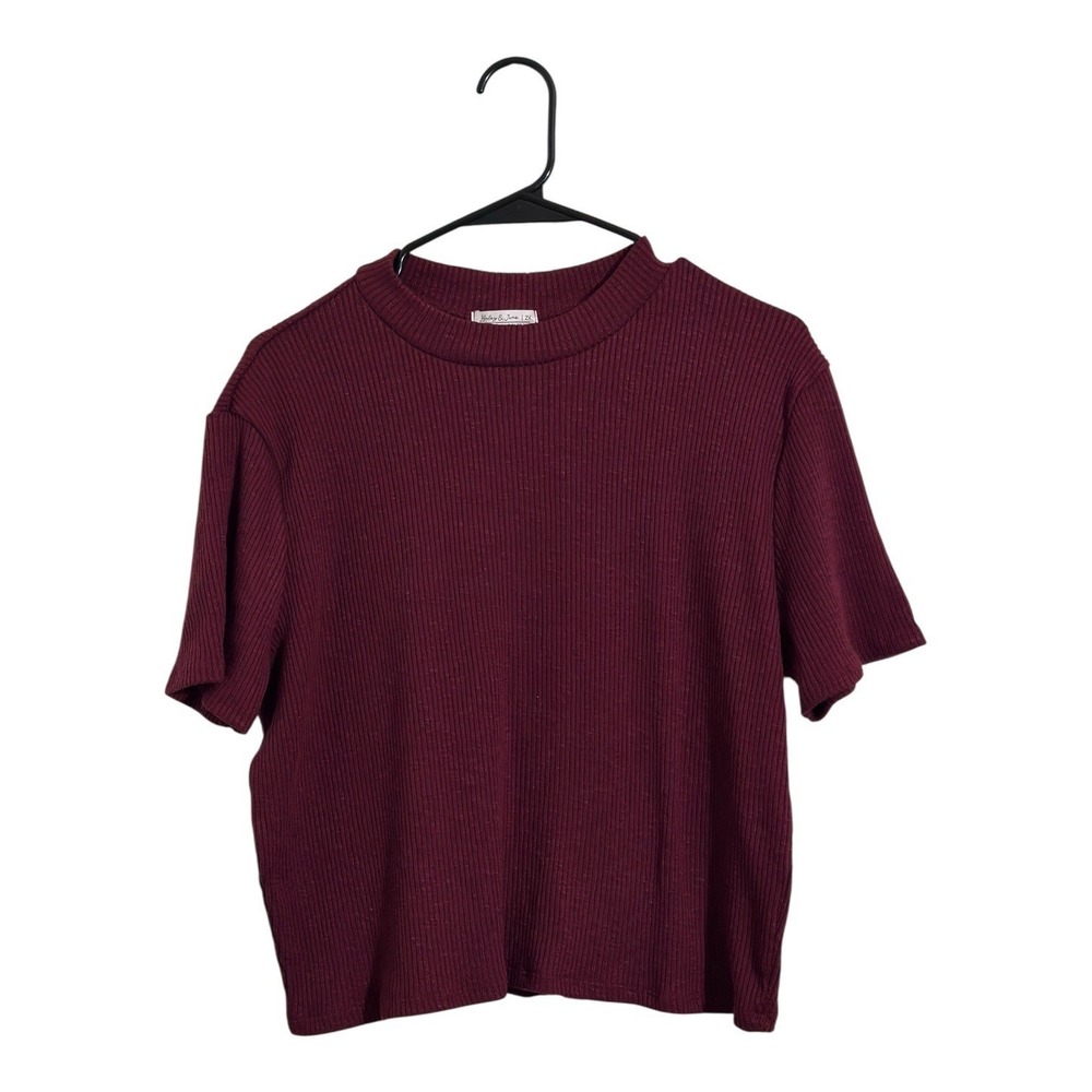 Haley & June Ribbed Cropped Short Sleeve Crew Neck Top Burgundy Women's Size 2X